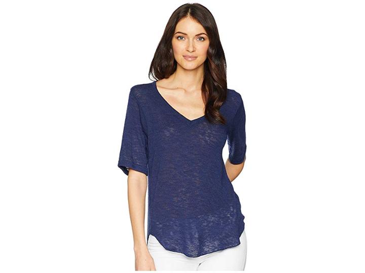 Nally & Millie Elbow Sleeve V-neck Top (navy) Women's Clothing