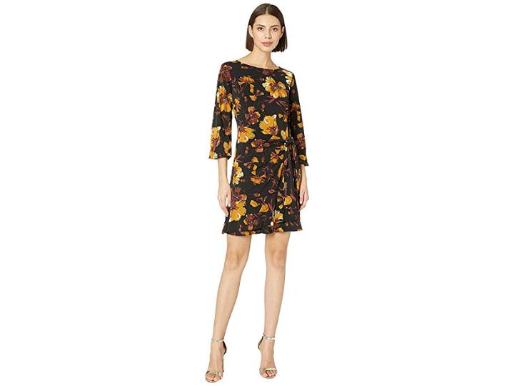 Eci Floral Printed Faux Wrap Dress W/ 3/4 Balloon Sleeve (mustard) Women's Dress