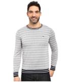 Lacoste Long Sleeve Double Face Chine Stripe Crew Neck Sweater (silver Chine/navy Blue/white) Men's Sweater