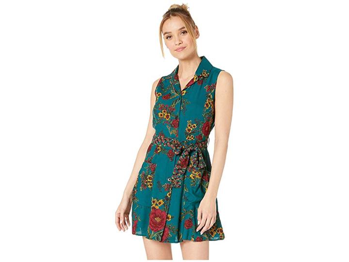 Angie Button Front Tie Waist Sleeveless Shirtdress W/ Pockets (teal) Women's Dress