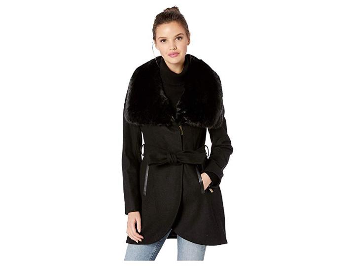 French Connection Wool With Faux Fur Collar And Belt (black) Women's Coat