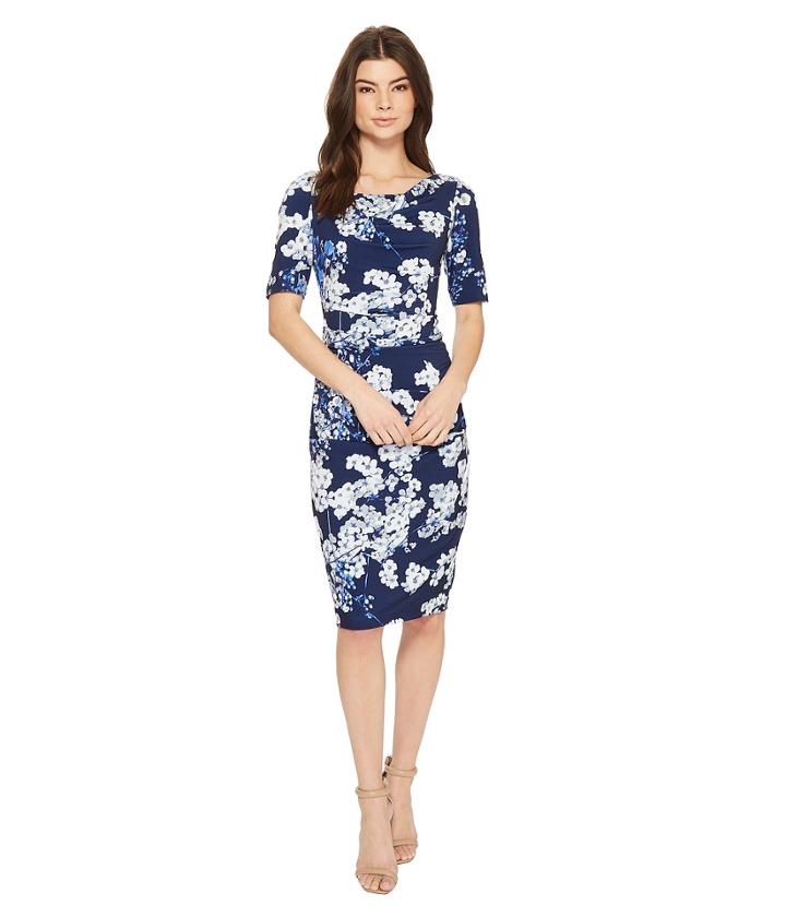 Adrianna Papell Watercolor Blossoms Printed Sheath Dress (blue Multi) Women's Dress
