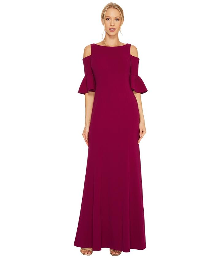 Adrianna Papell Long Sleeve Cold Shoulder Crepe Gown With Flutter Sleeve Detail (wildberry) Women's Dress