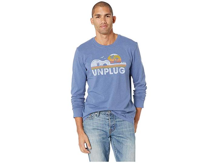 Life Is Good Unplug Beach Guitar Crusher Long Sleeve T-shirt (heather Vintage Blue) Men's T Shirt