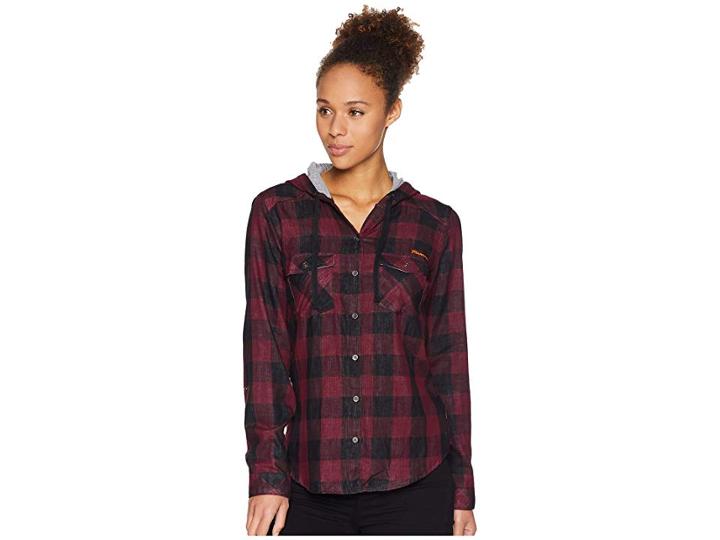 Columbia Collegiate Times Twotm Hooded Long Sleeve Shirt (mn/rich Wine Check) Women's Long Sleeve Button Up