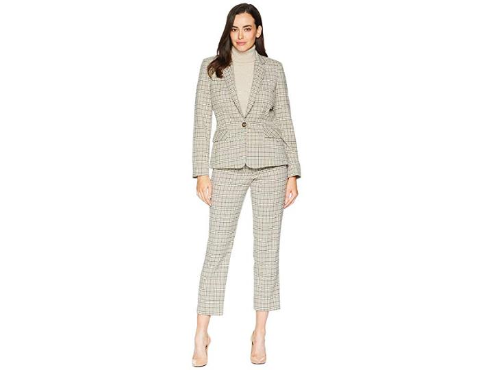 Tahari By Asl Contrast Under Collar Roll Sleeve Pants Suit (beige/black/chili) Women's Suits Sets