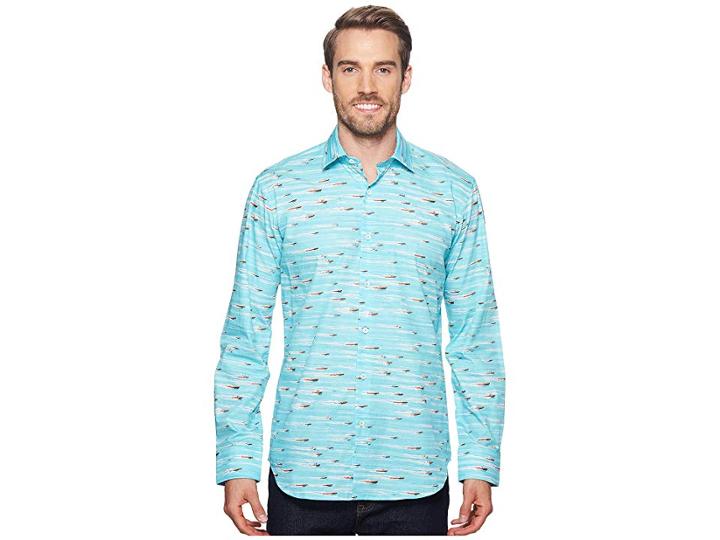 Bugatchi Shaped Fit Speed Boat Woven Shirt (aqua) Men's Long Sleeve Pullover