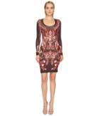 Just Cavalli Plume Of Baroque Printed Long Sleeve Scoop Neck Dress (rose Red) Women's Dress