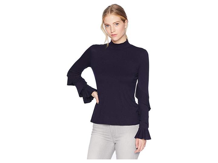 1.state Long Sleeve Ruffle Sleeve Rib Knit Top (blue Night) Women's Clothing