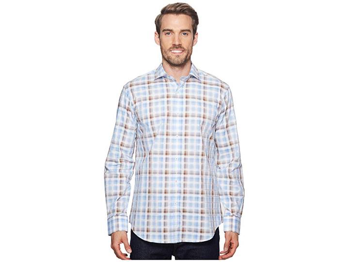 Bugatchi Shaped Fit Long Sleeve Plaid Woven Shirt (mocha) Men's Long Sleeve Button Up