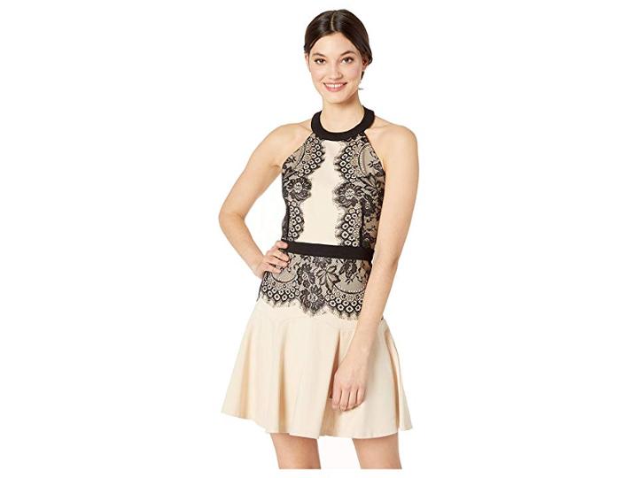 Bebe Halter Lace Pencil Dress (black/nude) Women's Dress