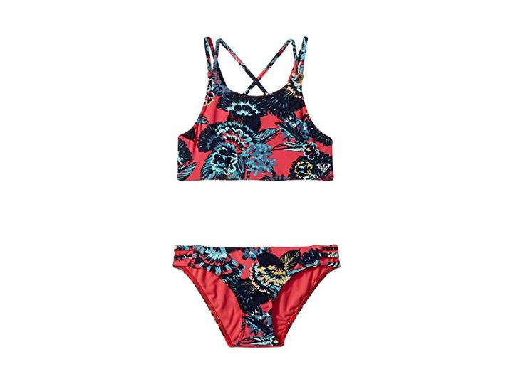 Roxy Kids Let The Surf Crop Top Set (big Kids) (rouge Red/mahna Mahna) Girl's Swimwear Sets