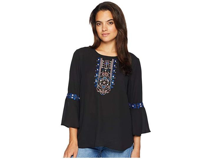 Ivanka Trump Long Sleeve Embroidered Top With Open Hem (black) Women's Clothing