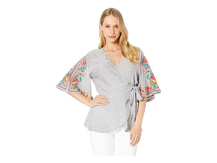 Angie Striped Front Tie Top (grey/ivory) Women's Clothing