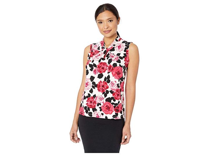 Tommy Hilfiger Printed Knot Neck Knit Top (viva Pink Multi) Women's Clothing