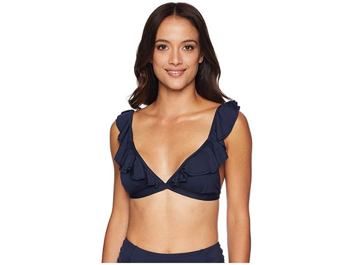 Michael Michael Kors Solids Ruffle Bikini Top W/ Removable Soft Cups (new Navy) Women's Swimwear