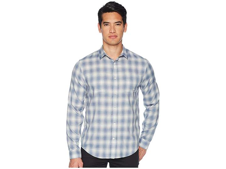 Vince Shadow Plaid Long Sleeve Shirt (spruce Blue) Men's Clothing