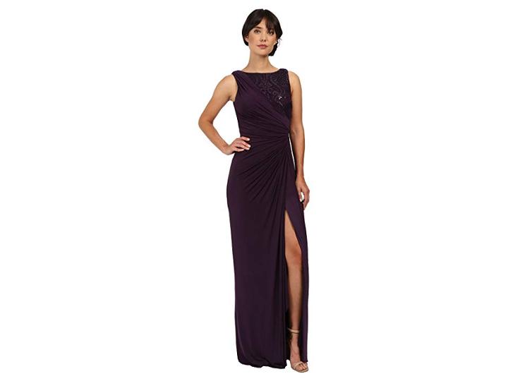 Adrianna Papell Draped Venecian Jersey Gown With Sequin Embroidered Lace (aubergine) Women's Dress