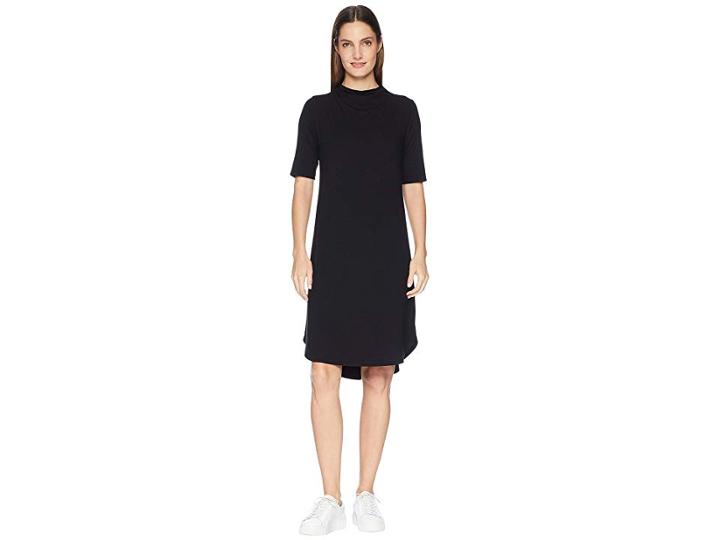 Eileen Fisher Viscose Jersey Drape Neck Elbow Sleeve Dress (black) Women's Dress