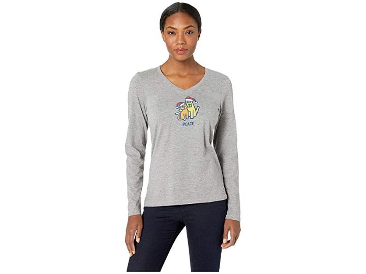 Life Is Good Peace Cat And Dog Crusher Long Sleeve Vee (heather Gray) Women's T Shirt