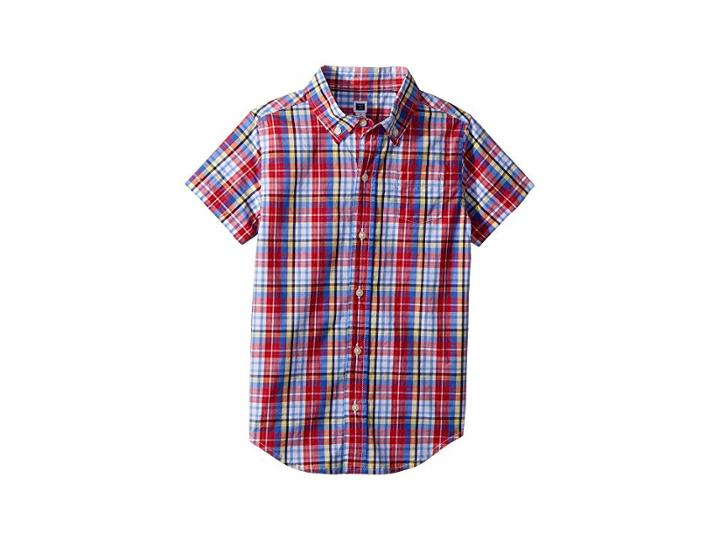 Janie And Jack Short Sleeve Button Up Shirt (toddler/little Kids/big Kids) (red Navy Plaid) Boy's Clothing