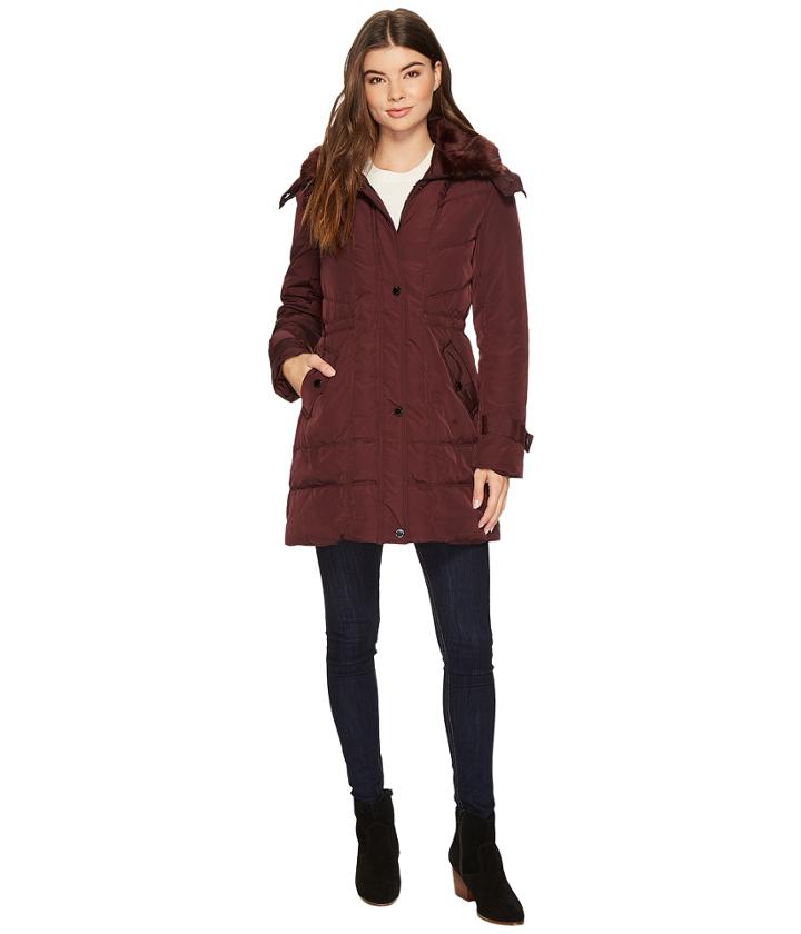 Kenneth Cole New York Oxford Hooded Anorak W/ Removable Faux Fur Collar (sangria) Women's Coat