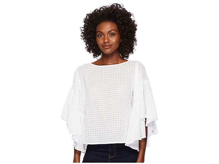 Two By Vince Camuto Textured Grid Drop Shoulder Ruffle Sleeve Blouse (ultra White) Women's Blouse