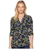 Anne Klein 3/4 Sleeve Wrap Top (black/cezanne Blue Combo) Women's Clothing