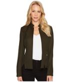 Tahari By Asl Stand Collar Textured Long Sleeve Jacket (olive/green) Women's Coat