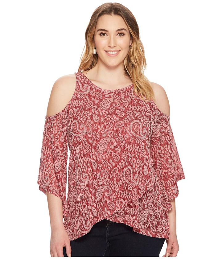 Lucky Brand Plus Size Cold Shoulder Open Front Top (berry Multi) Women's Clothing
