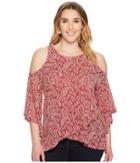 Lucky Brand Plus Size Cold Shoulder Open Front Top (berry Multi) Women's Clothing