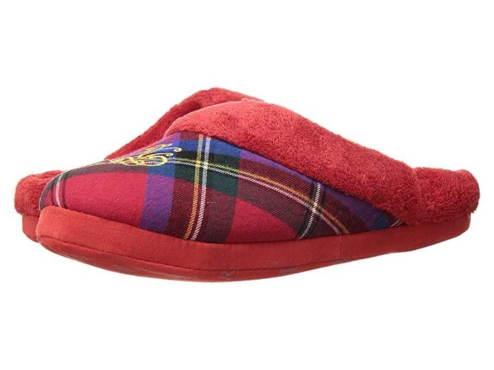 Lauren Ralph Lauren Cotton Brushed Twill So Soft Fleece Lining Slippers (red Plaid) Women's Slippers