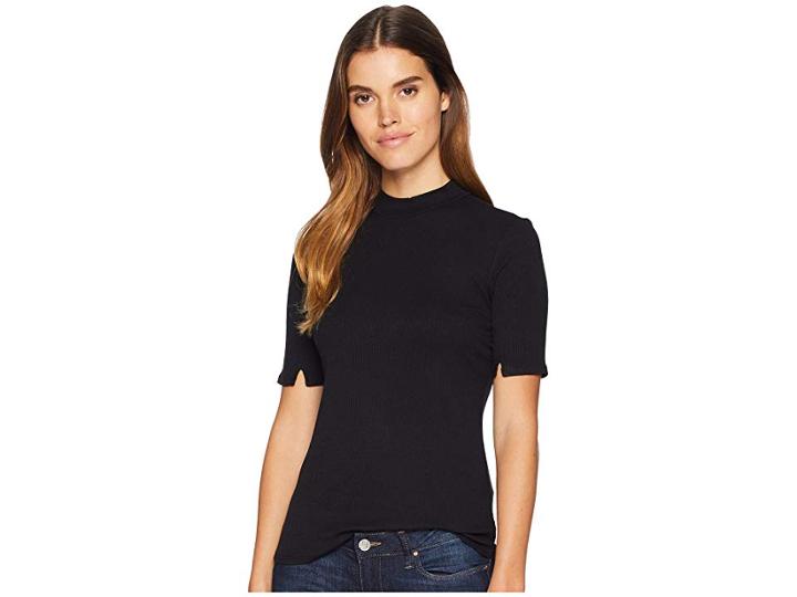 1.state Slit Short Sleeve Mock Neck Rib Knit Top (rich Black) Women's Clothing