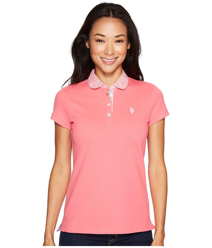 U.s. Polo Assn. Woven Trimmed Solid Stretch Pique Polo Shirt (coral Ribbon) Women's Clothing