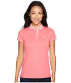U.s. Polo Assn. Woven Trimmed Solid Stretch Pique Polo Shirt (coral Ribbon) Women's Clothing