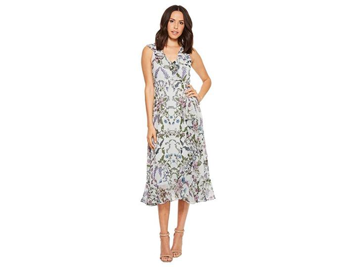 Donna Morgan Floral Printed Chiffon Sleeveless Wrap Dress (grey/lavender Mutli) Women's Dress