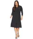 Anne Klein Plus Size Micro Dot Long Sleeve Button Down Ity Dress (black/parchment) Women's Dress