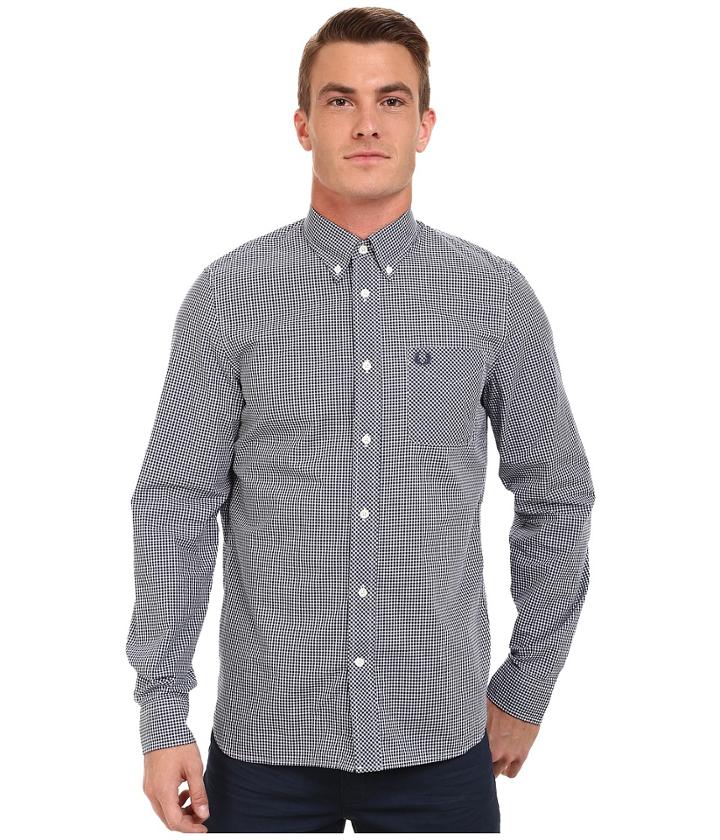 Fred Perry Long Sleeve Classic Gingham Shirt (medieval Blue) Men's Clothing