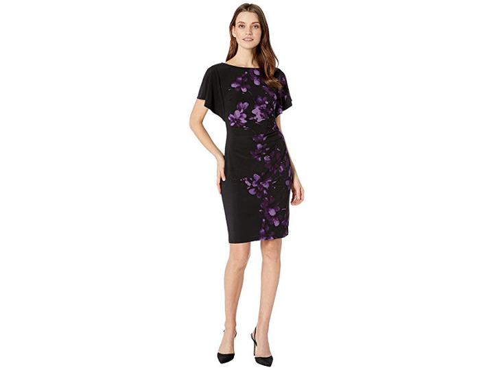 Chaps Short Sleeve Floral Dress (black/eggplant/multi) Women's Dress