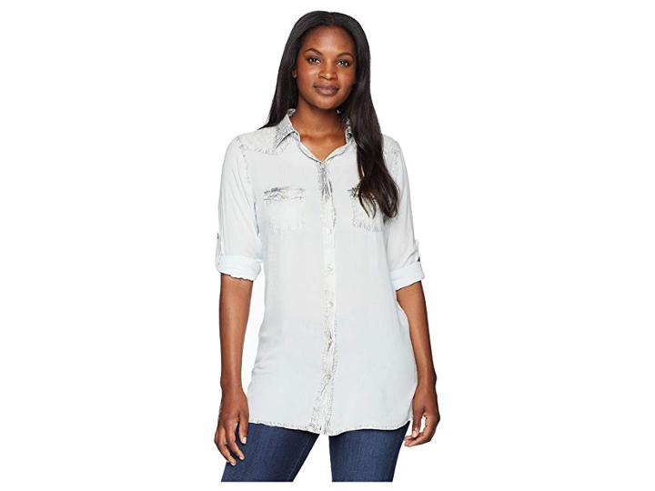 Scully Bae Sexy Fabric Button Front Blouse (dusty Blue) Women's Clothing