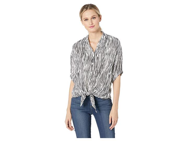 Three Dots Mini Zebra Printed Crepe Tie Front Top (white/black) Women's Blouse