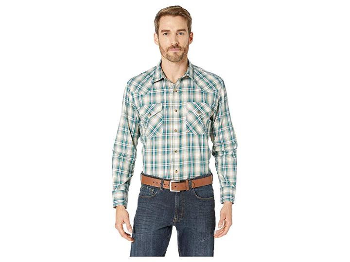 Pendleton Long Sleeve Frontier Herringbone (brown/green Plaid) Men's Long Sleeve Button Up