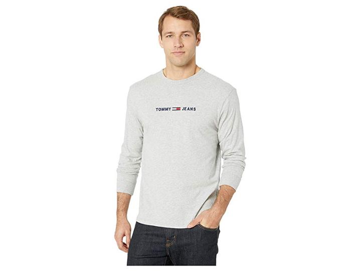 Tommy Jeans Small Text Long Sleeve (light Grey Heather) Men's Clothing