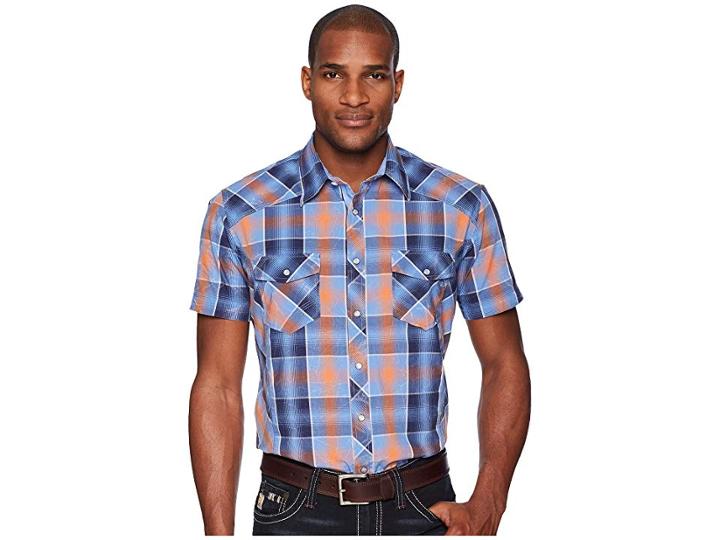 Rock And Roll Cowboy Plaid Short Sleeve Snap B1s5724 (orange) Men's Short Sleeve Button Up