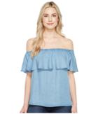 7 For All Mankind Off Shoulder Ruffled Denim Top (pacific Blue Sky) Women's Clothing