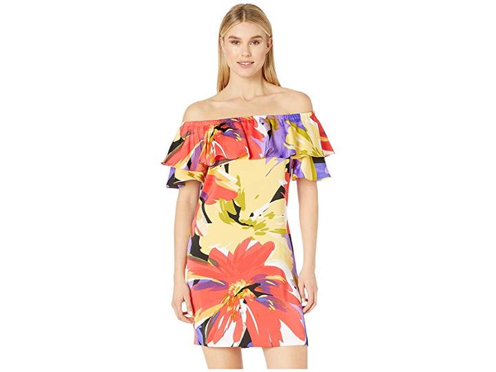 London Times Off The Shoulder Ruffle Shift Dress (black/coral) Women's Dress