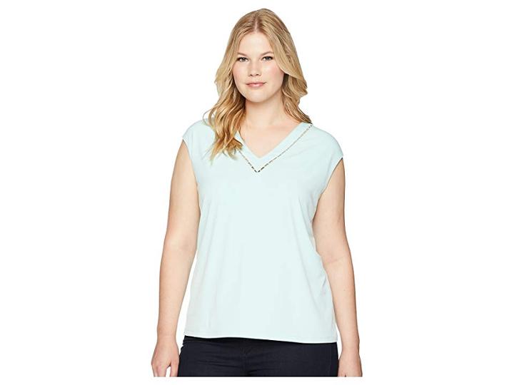 Calvin Klein Plus Plus Size Sleeveless V-neck Top W/ Pearl Detail (seaspray) Women's Sleeveless