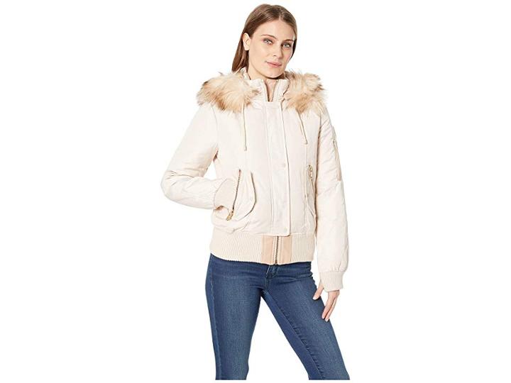 Vince Camuto Short Bomber Down Jacket With Faux Fur Hood R1881 (blush) Women's Coat