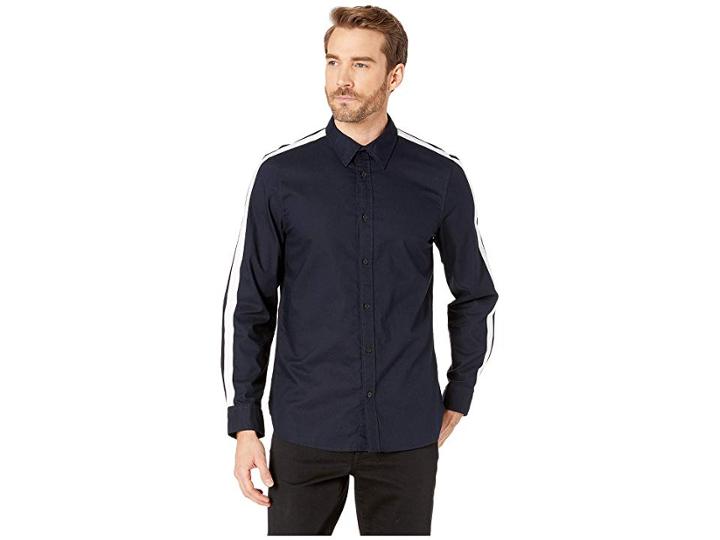Calvin Klein Long Sleeve Racing Stripe Shirt (sky Captain) Men's Clothing