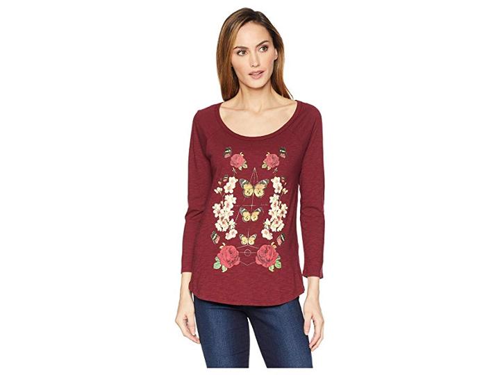 Lucky Brand Butterfly Floral Print Tee (cabernet) Women's T Shirt
